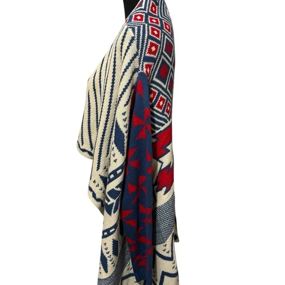 Pinklicious Women’s Open Front Cardigan Sweater Aztec Tribal S/M Boho Red Blue - Picture 4 of 10